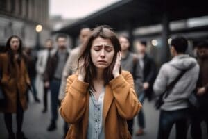 woman with hands over ears experiencing panic and anxiety